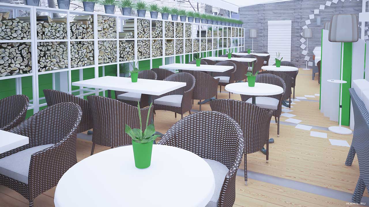 дизайн интерьера веранды ресторана стеллажи с поленьями